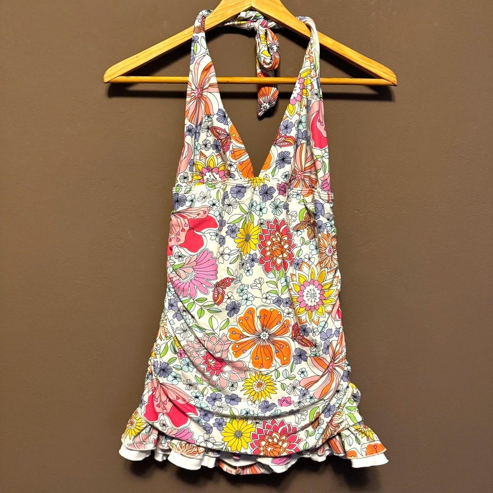 Coco Rave Floral Ruffle Swim Dress Halter One Piece Swimsuit Multicolor 34C M